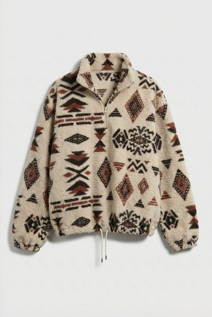Geometric Fleece Sweatshirt with Zip for Women