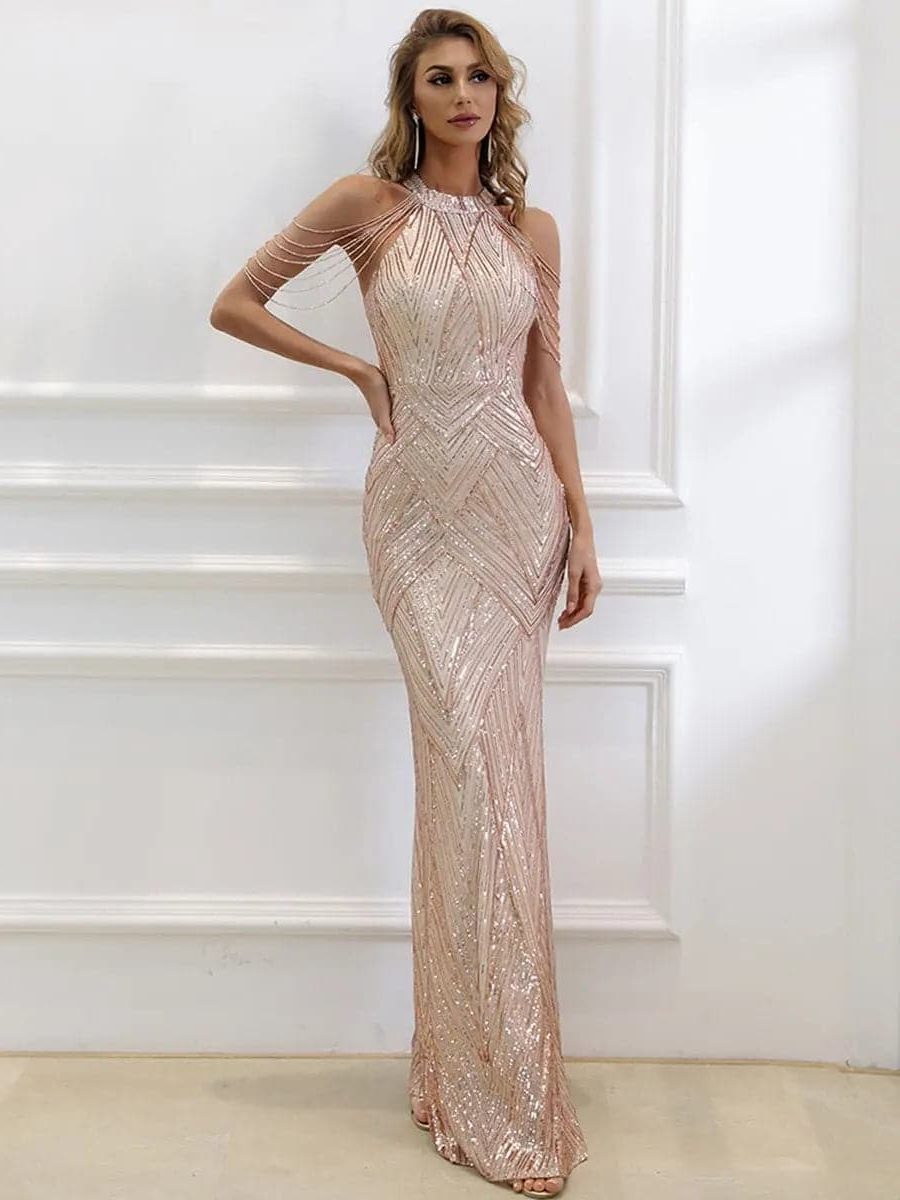 Halterneck Cold Shoulder Maxi Dress for Women in Gold