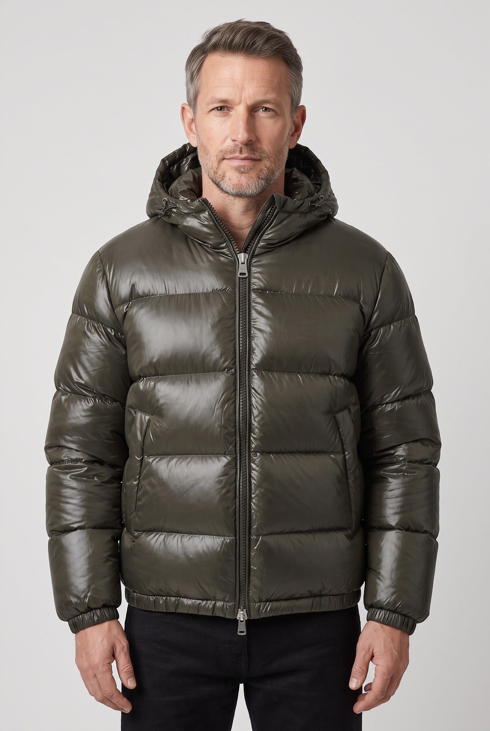 Hooded Puffer Jacket with Padded Quilting for Men in Army Green