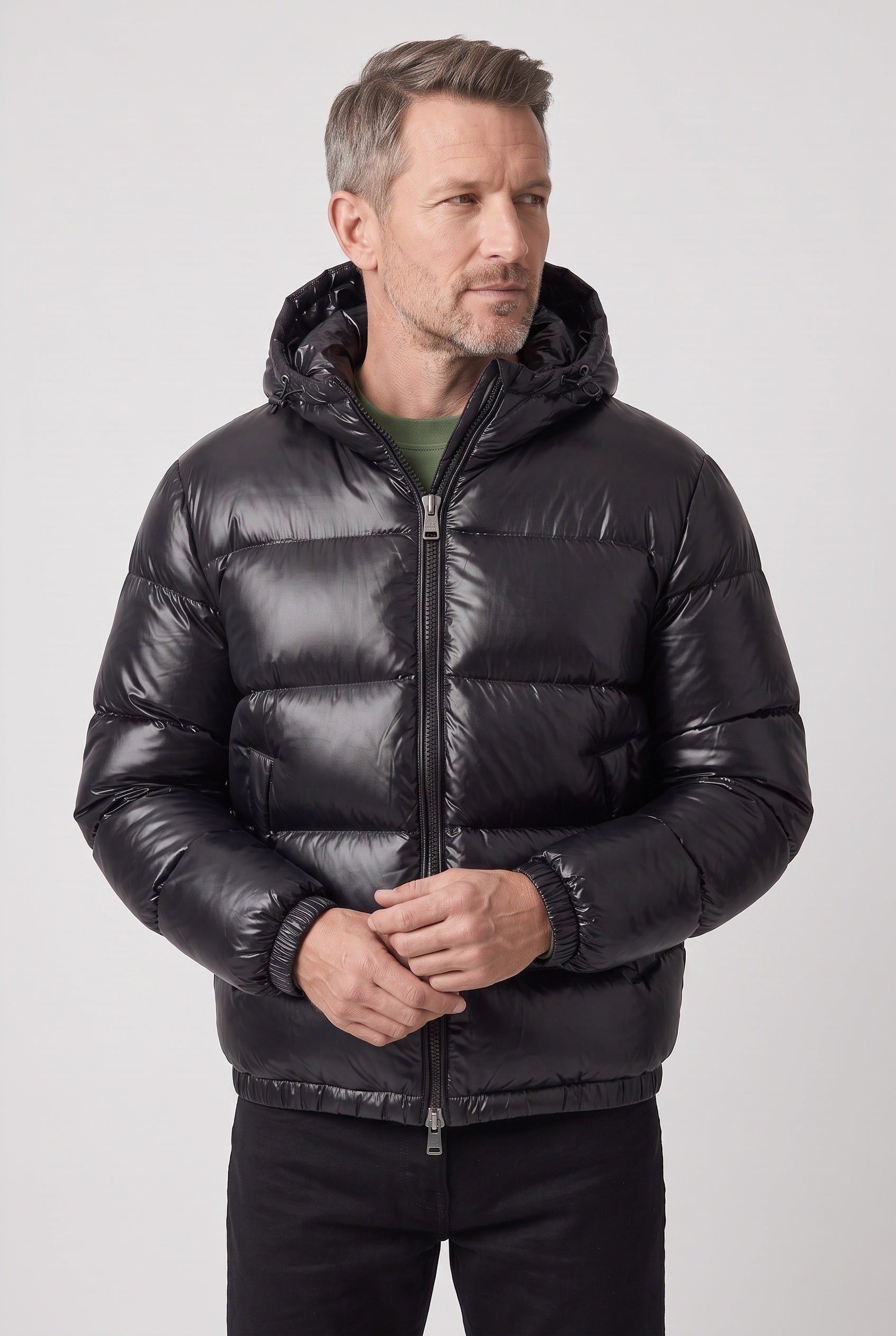 Hooded Puffer Jacket with Padded Quilting for Men in Black
