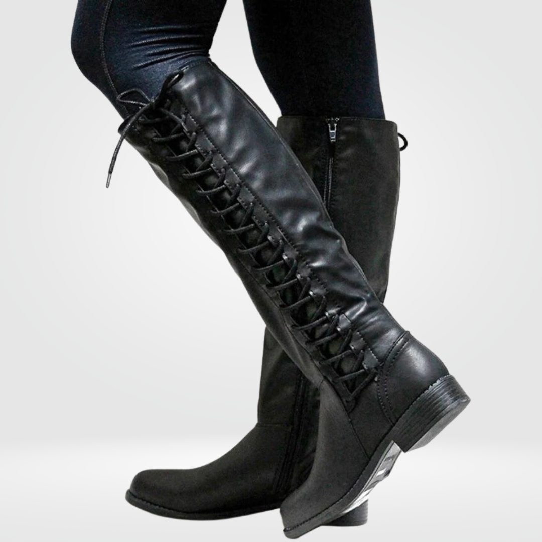 Knee-High Boots with Lace-Up Front for Women with Side Zip Closure in Black