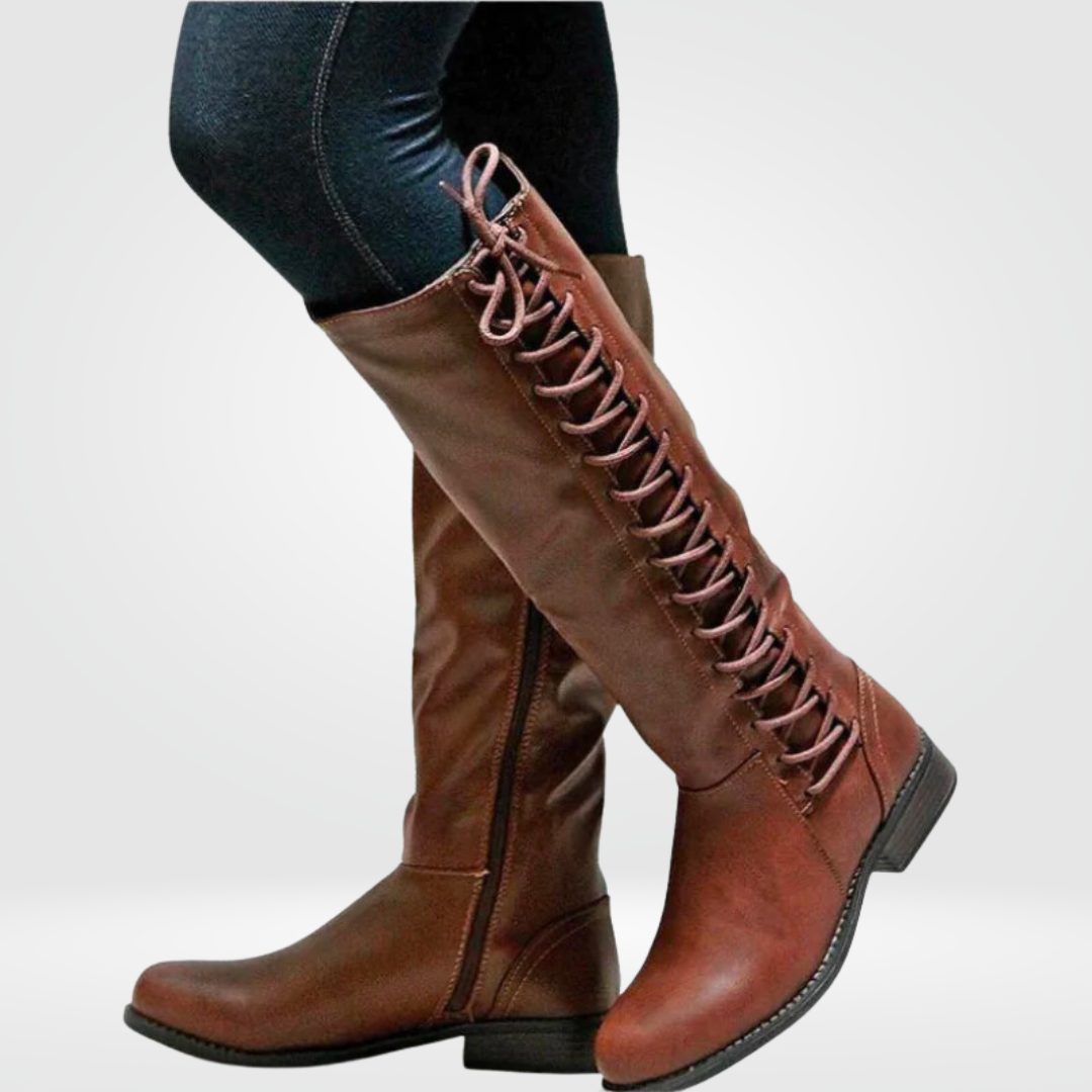 Knee-High Boots with Lace-Up Front for Women with Side Zip Closure in Brown