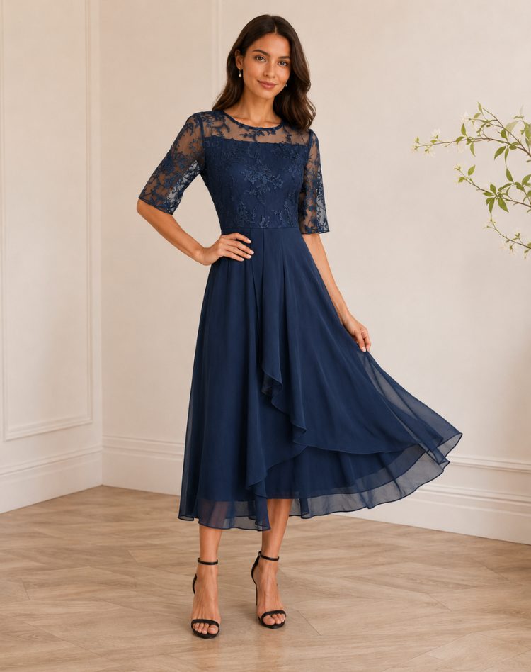 Lace Autumn Wedding Guest Midi Dress with Three-Quarter Sleeves for Women in Dark Blue