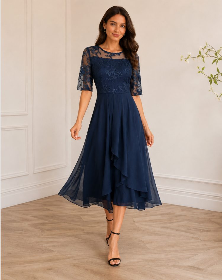 Lace Autumn Wedding Guest Midi Dress with Three-Quarter Sleeves for Women
