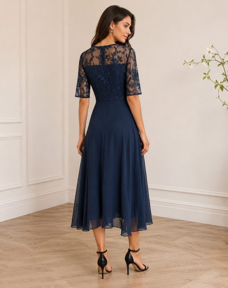 Lace Autumn Wedding Guest Midi Dress with Three-Quarter Sleeves for Women
