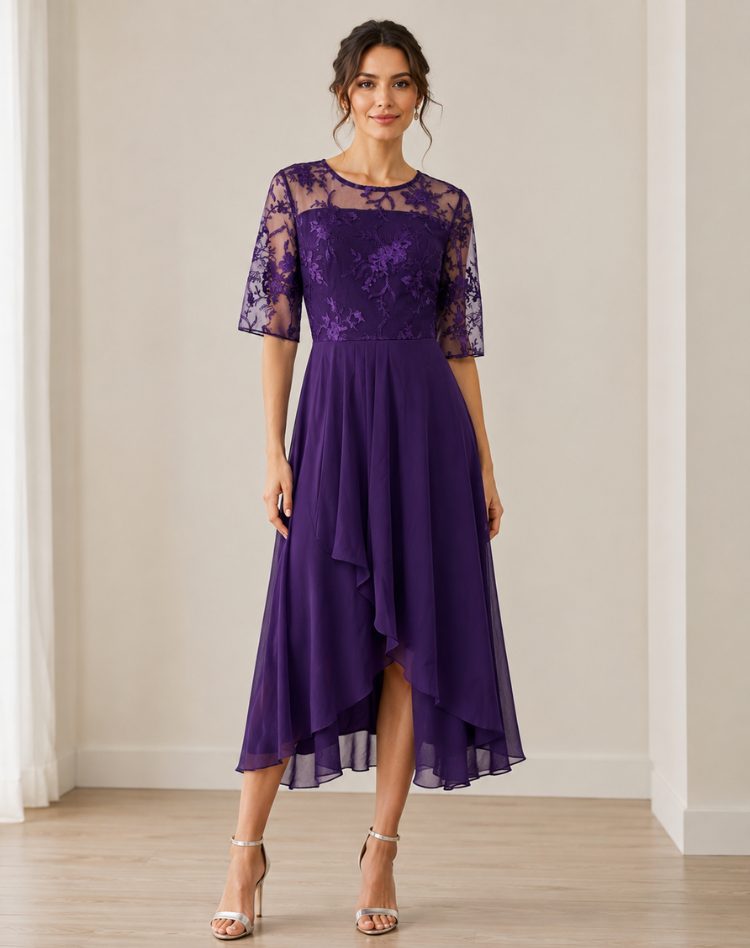 Lace Autumn Wedding Guest Midi Dress with Three-Quarter Sleeves for Women in Purple