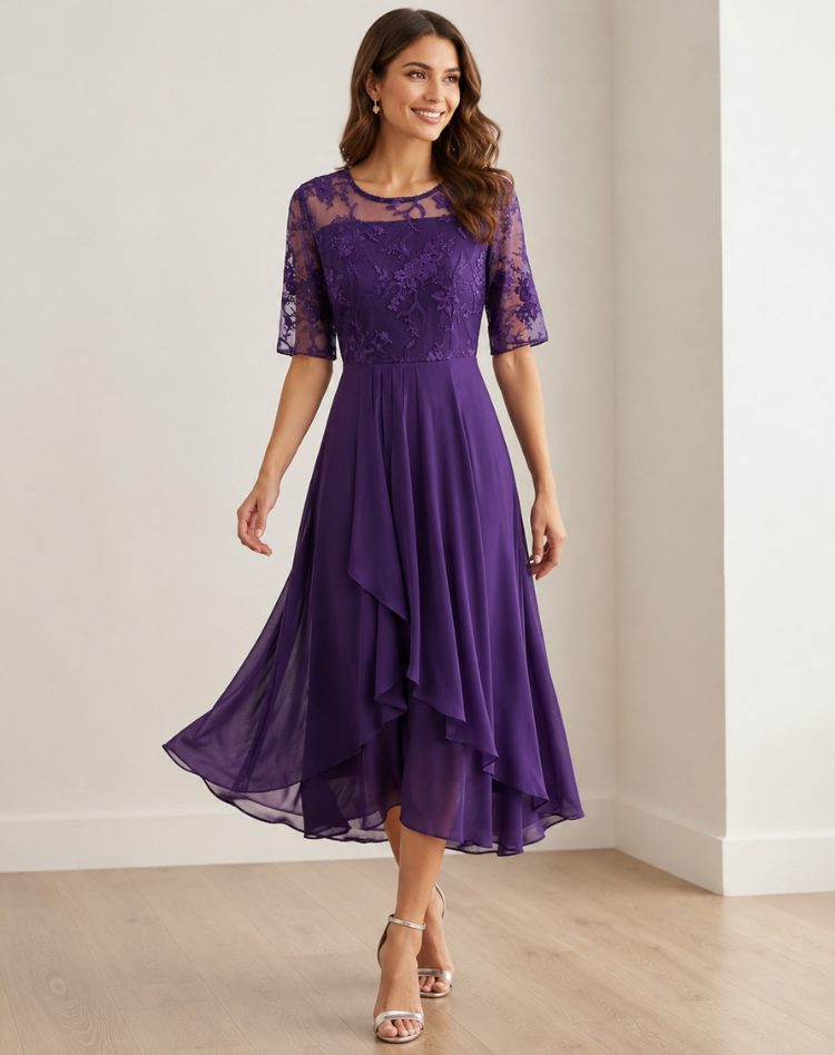 Lace Autumn Wedding Guest Midi Dress with Three-Quarter Sleeves for Women