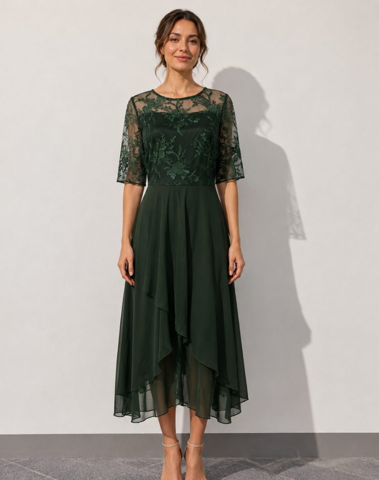 Lace Autumn Wedding Guest Midi Dress with Three-Quarter Sleeves for Women in Green