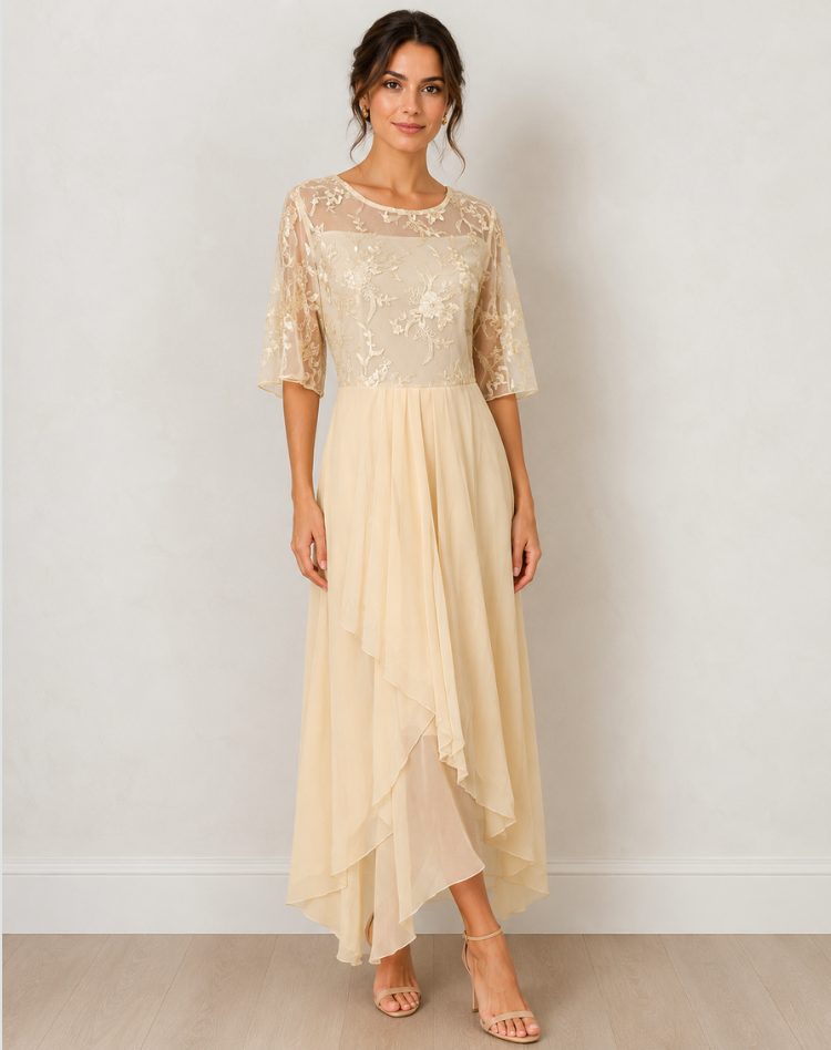 Lace Autumn Wedding Guest Midi Dress with Three-Quarter Sleeves for Women in Beige