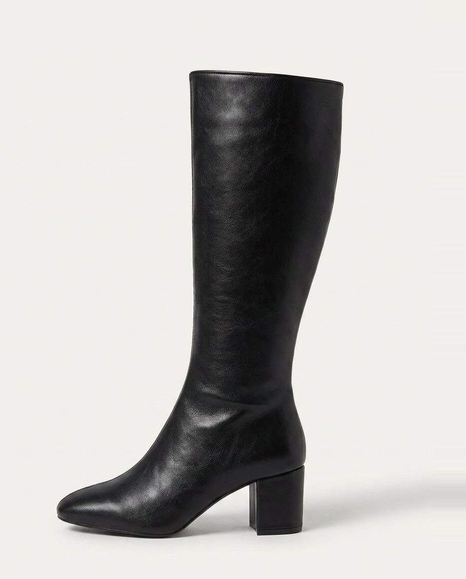 Leather-Look Block Heel Knee High Boots for Women in Black