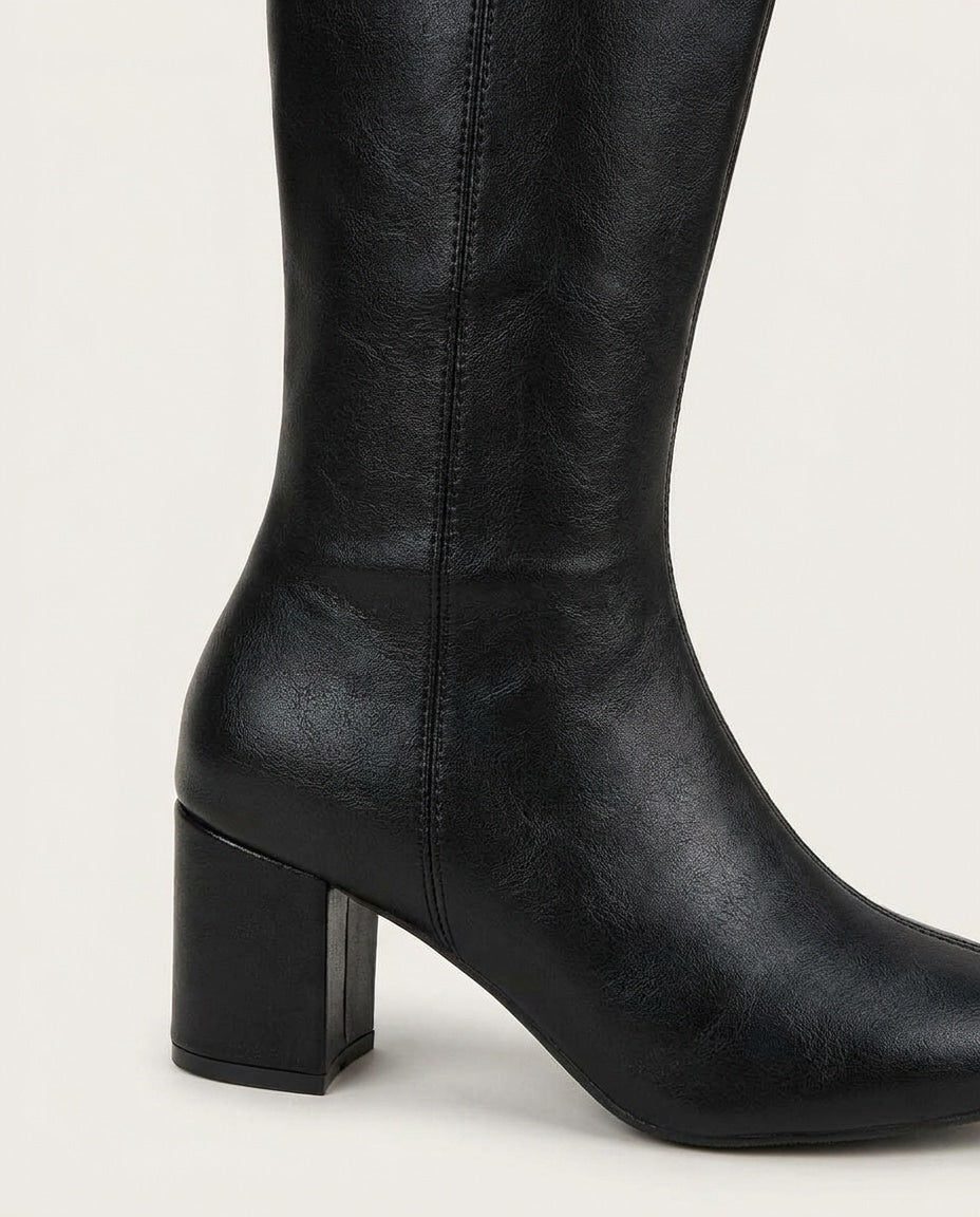 Leather-Look Block Heel Knee High Boots for Women
