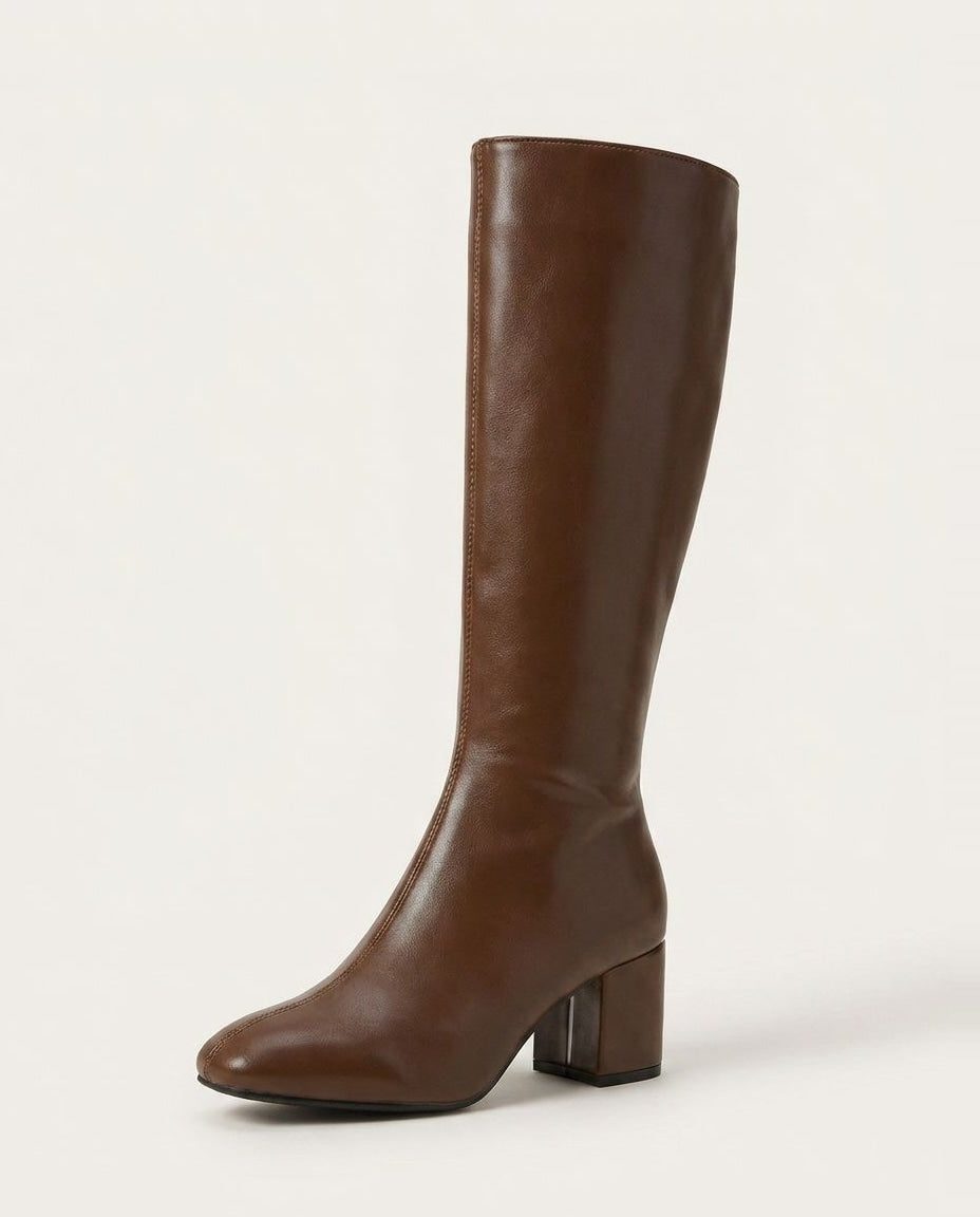 Leather-Look Block Heel Knee High Boots for Women