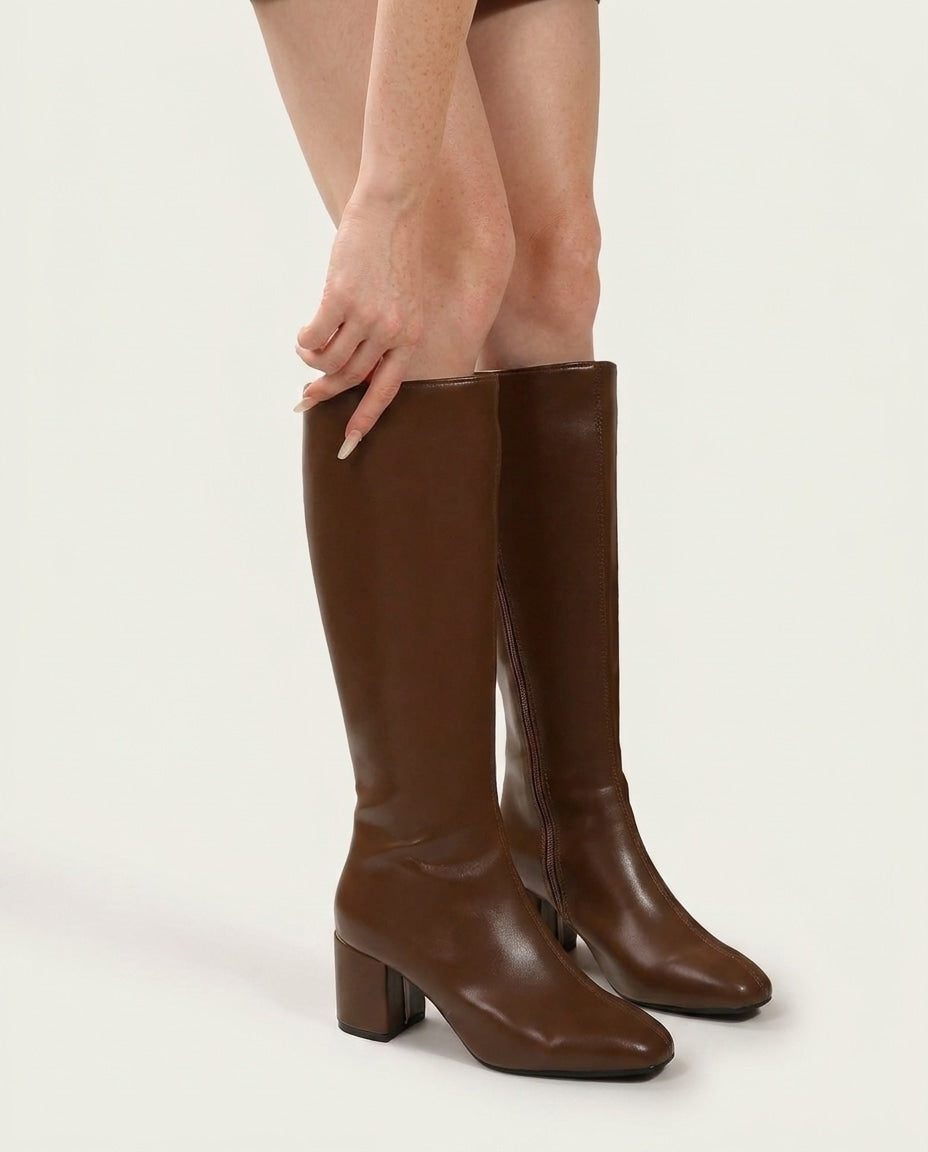 Leather-Look Block Heel Knee High Boots for Women