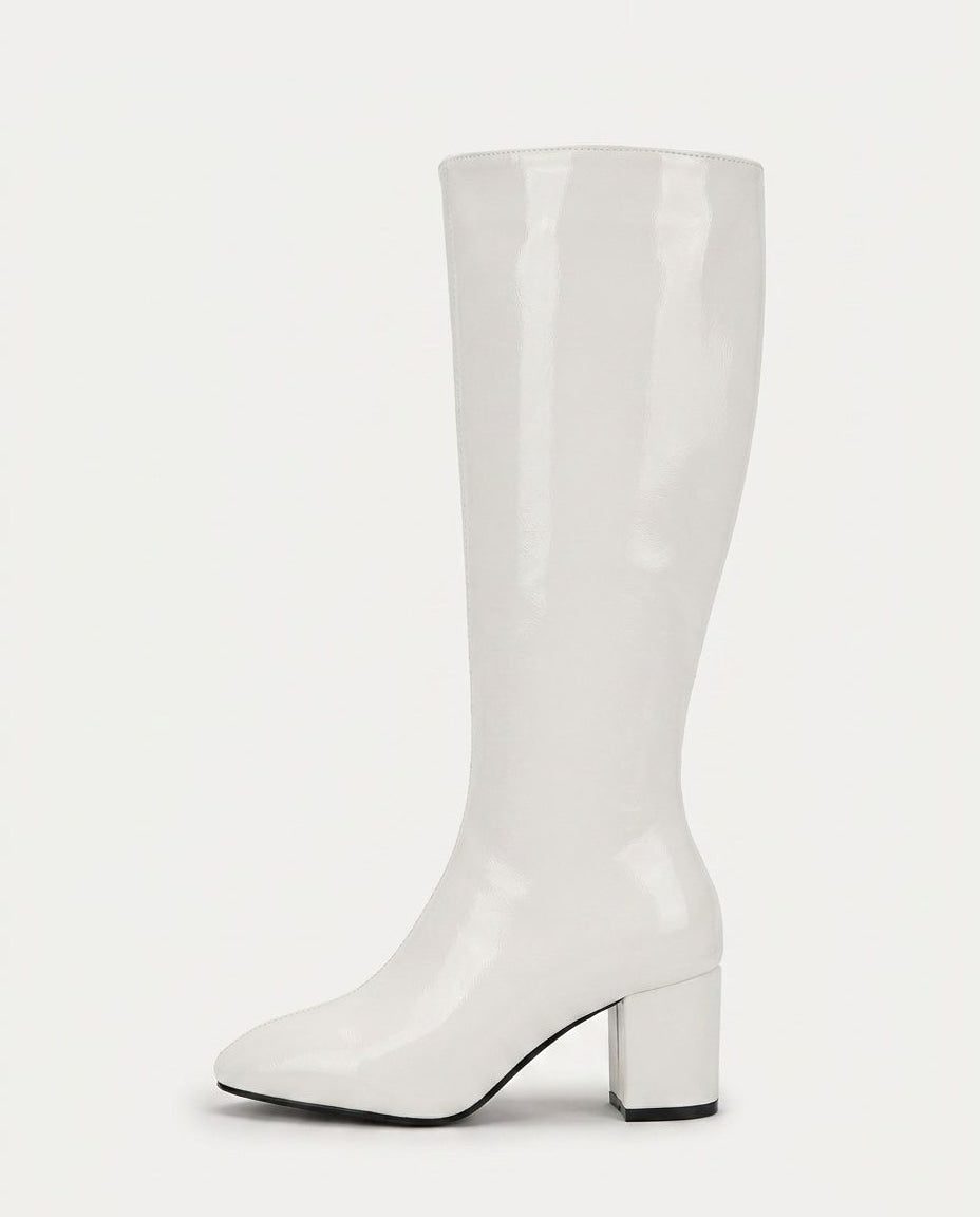 Leather-Look Block Heel Knee High Boots for Women in White