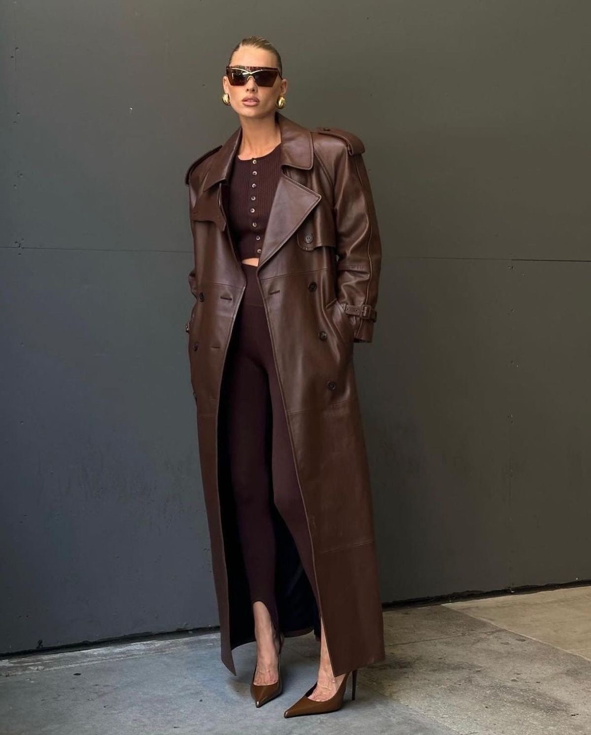 Leather-Look Double-Breasted Longline Trench Coat for Women