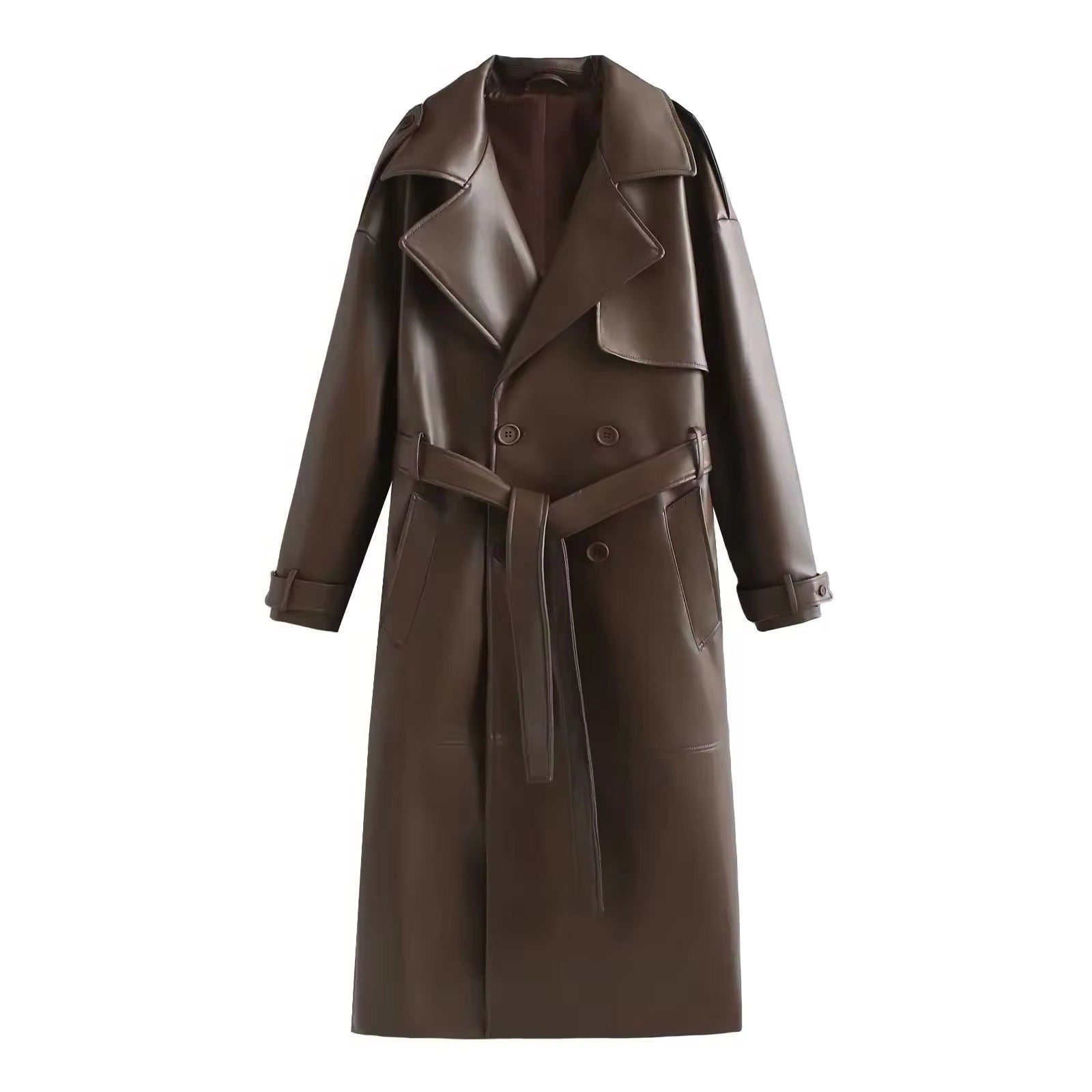 Leather-Look Double-Breasted Longline Trench Coat for Women in Brown