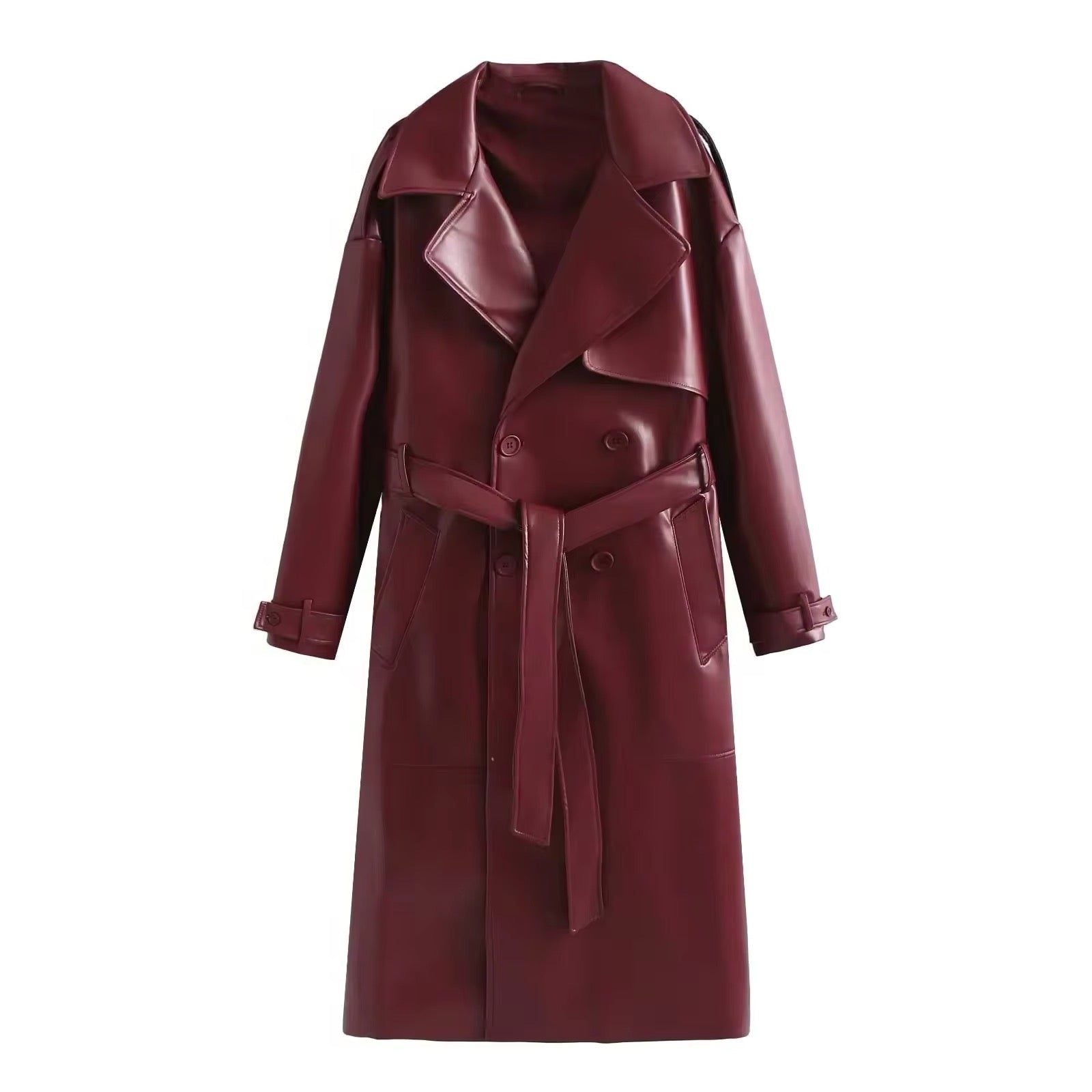 Leather-Look Double-Breasted Longline Trench Coat for Women in Red