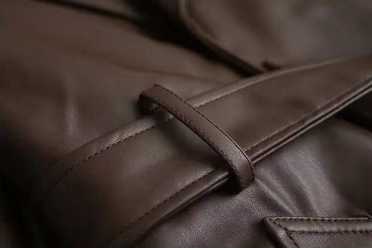 Leather-Look Double-Breasted Longline Trench Coat for Women