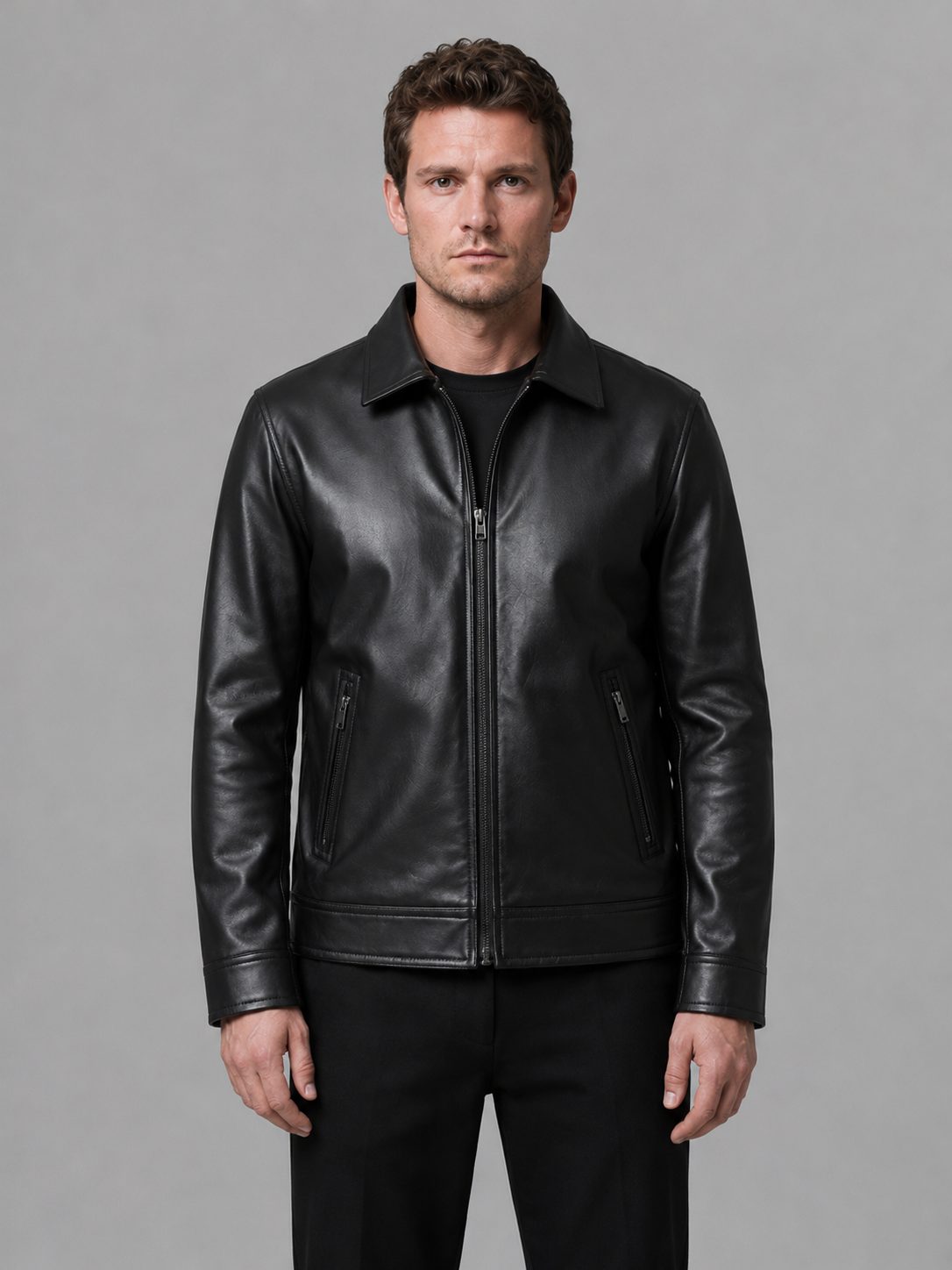 Leather-Look Jacket with Zip Pockets and Full Zip Front for Men in Black