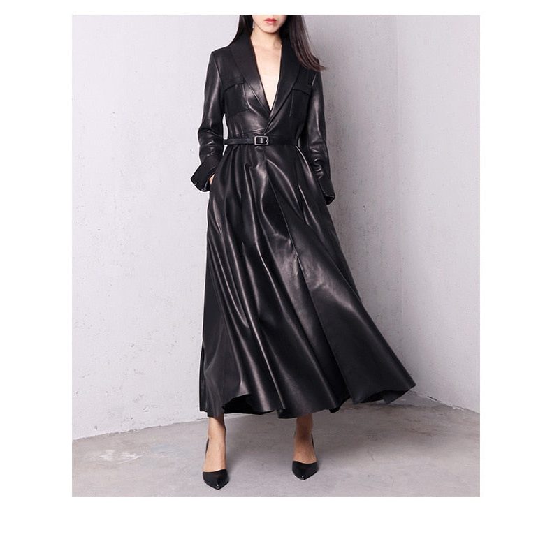 Leather-Look Long Double-Breasted Trench Coat for Women in Black