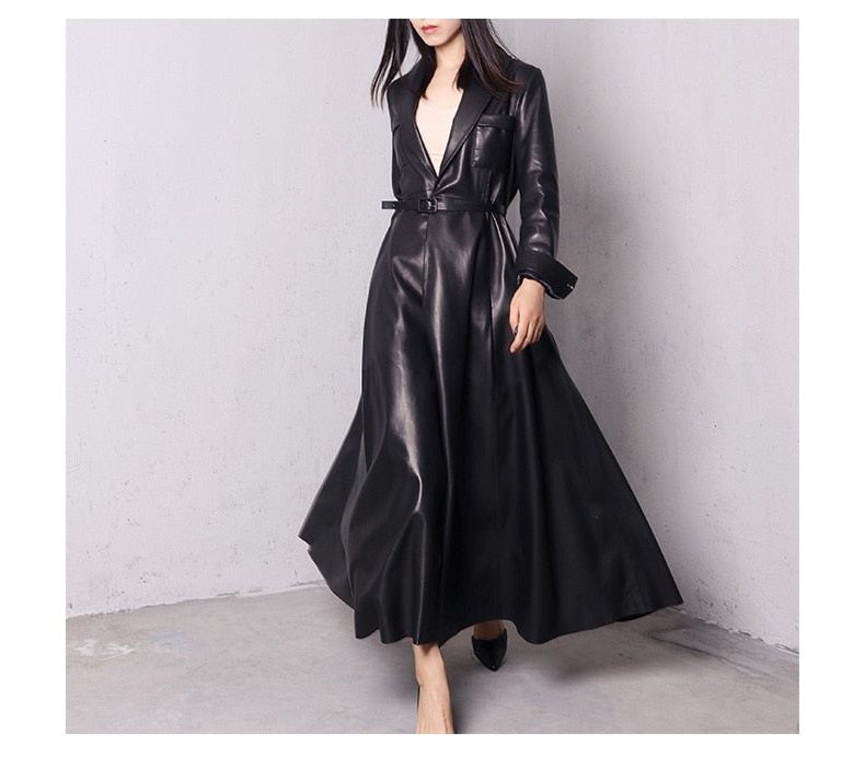 Leather-Look Long Double-Breasted Trench Coat for Women