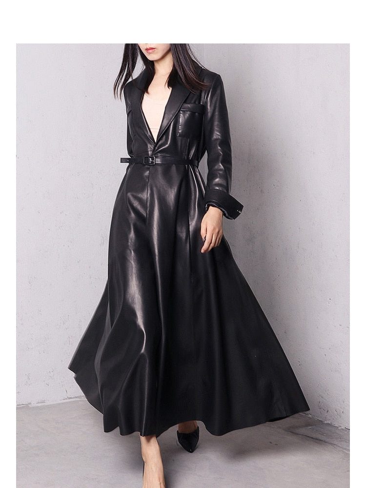 Leather-Look Long Double-Breasted Trench Coat for Women