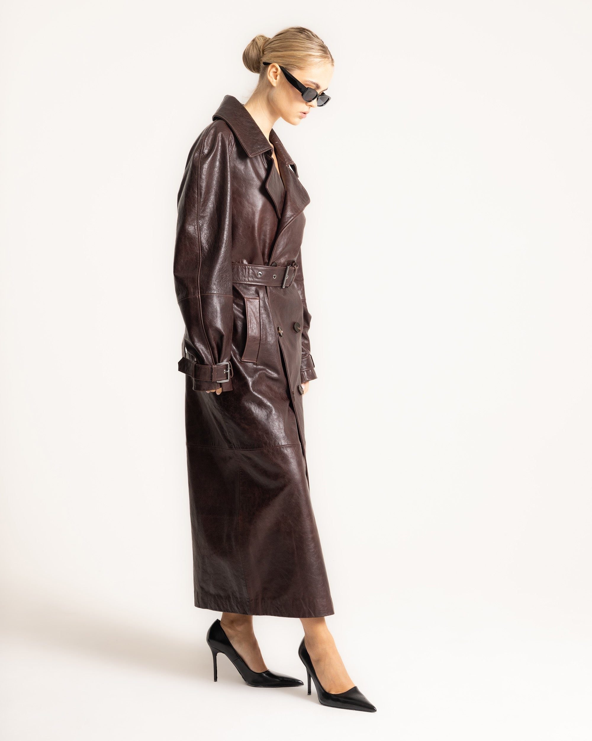 Leather-Look Oversized Trench Coat with Belt for Women in Brown