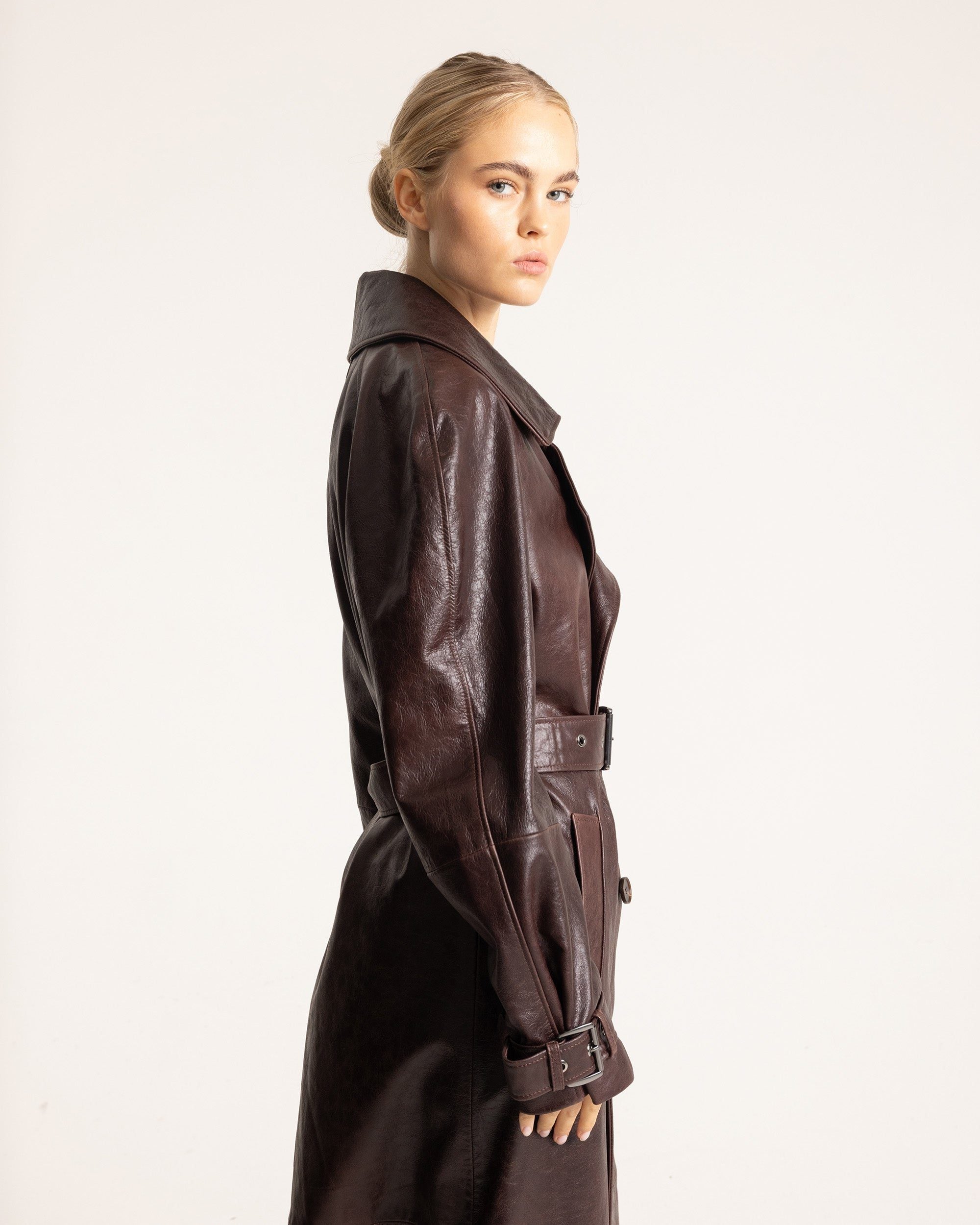 Leather-Look Oversized Trench Coat with Belt for Women