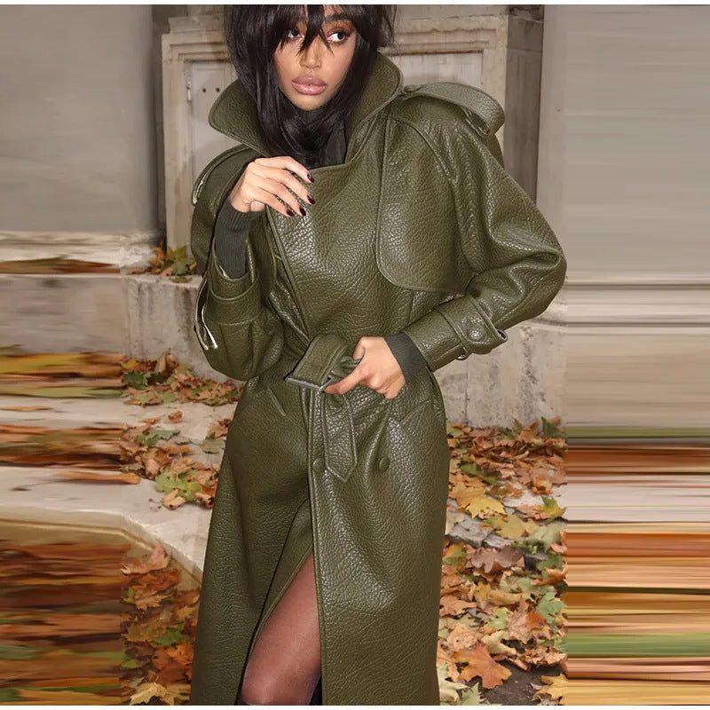 Leather-Look Trench Coat with Belt and Stand Collar for Women