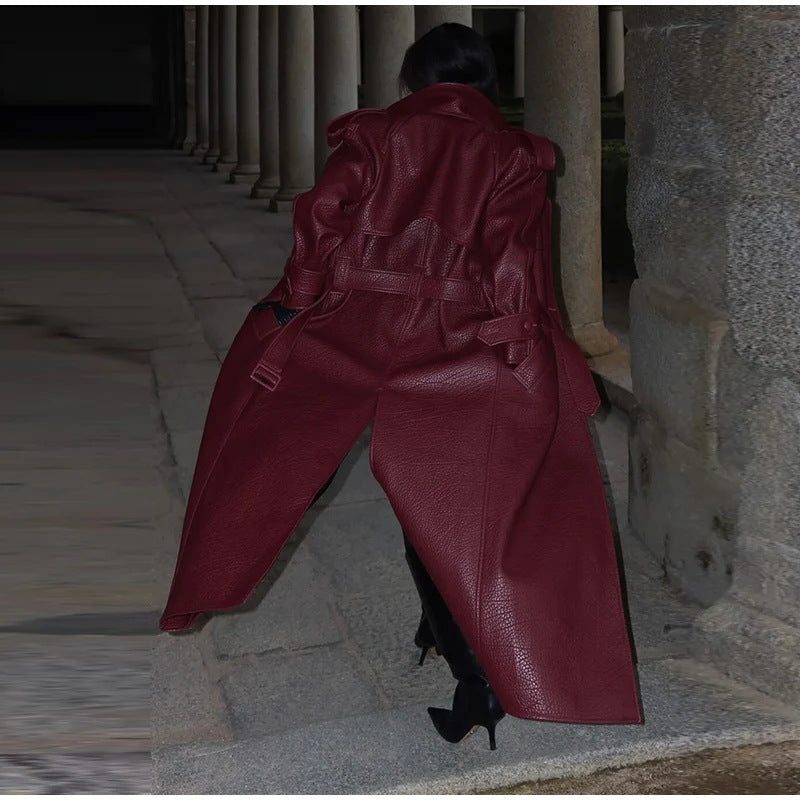 Leather-Look Trench Coat with Belt and Stand Collar for Women