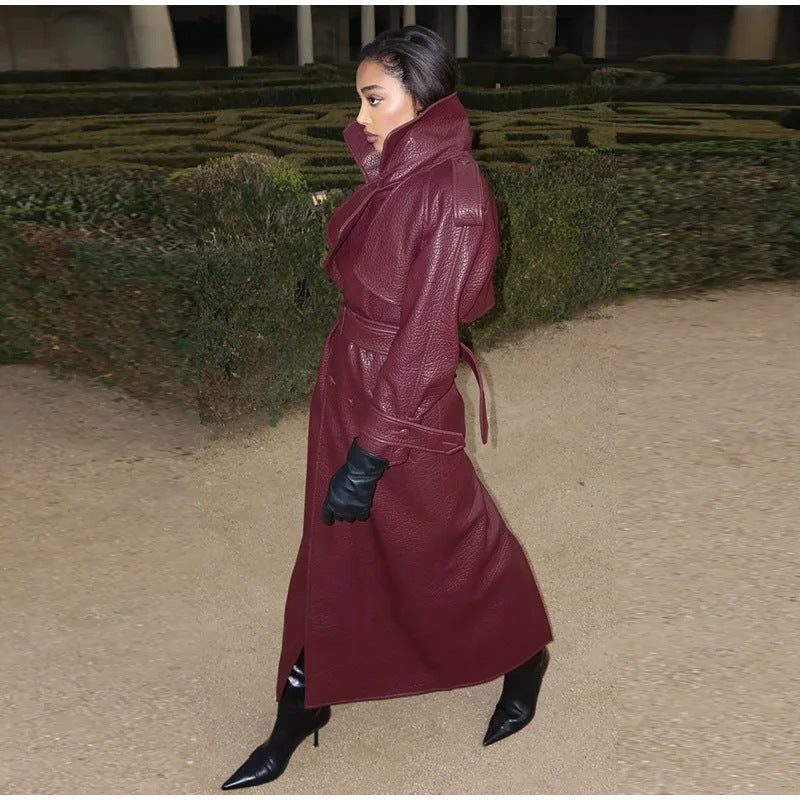 Leather-Look Trench Coat with Belt and Stand Collar for Women