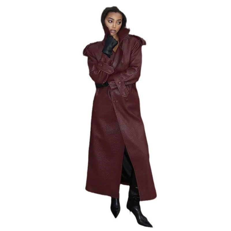 Leather-Look Trench Coat with Belt and Stand Collar for Women