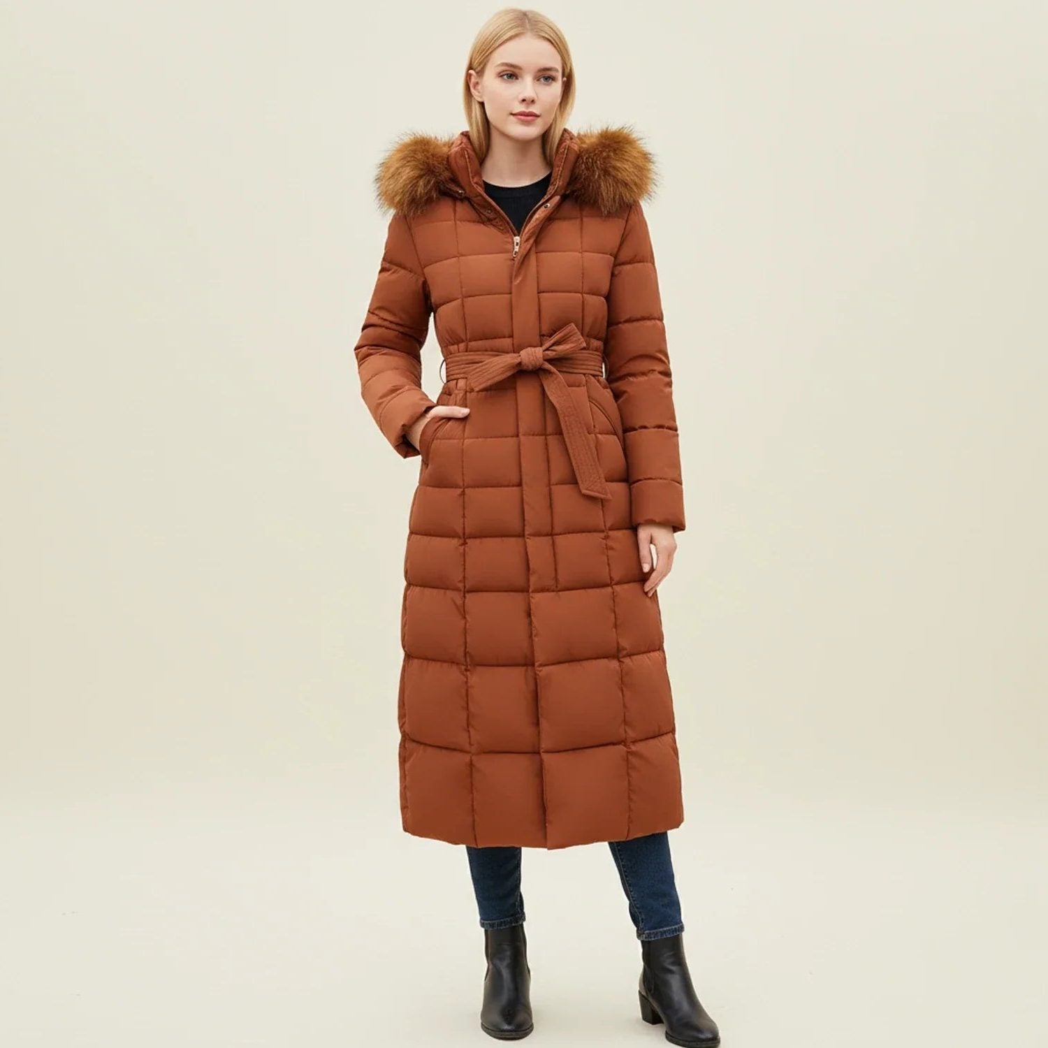 Long Quilted Parka Jacket with Fur Collar for Women in Caramel