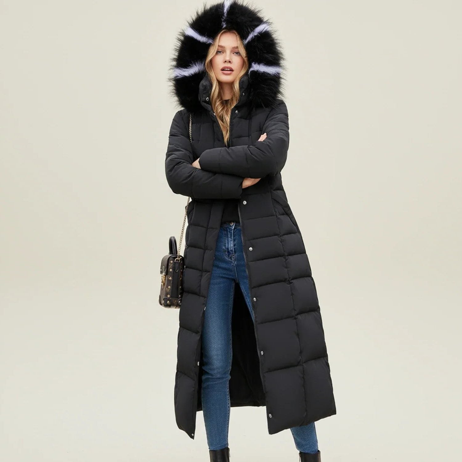 Long Quilted Parka Jacket with Fur Collar for Women in Black