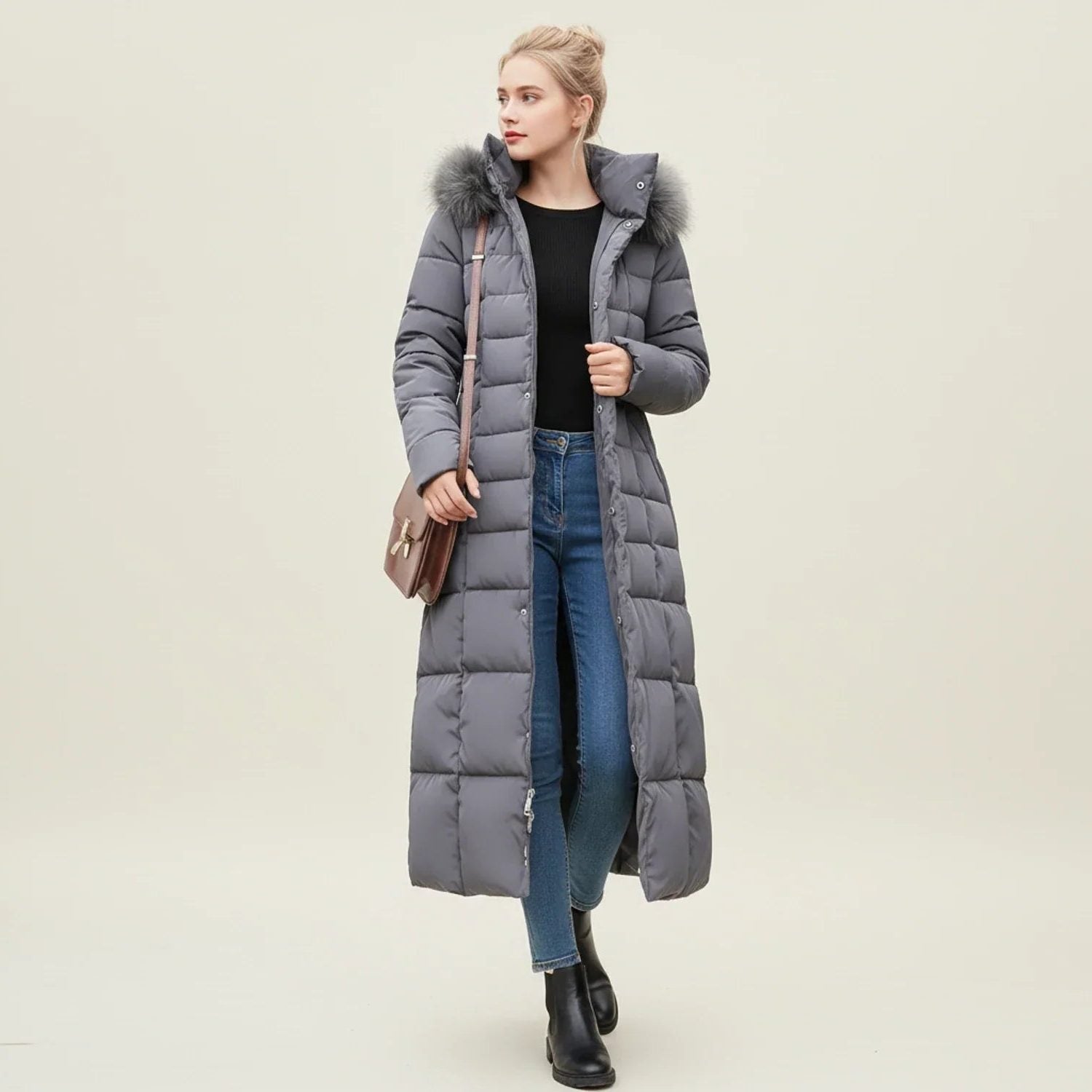 Long Quilted Parka Jacket with Fur Collar for Women in Dark Grey