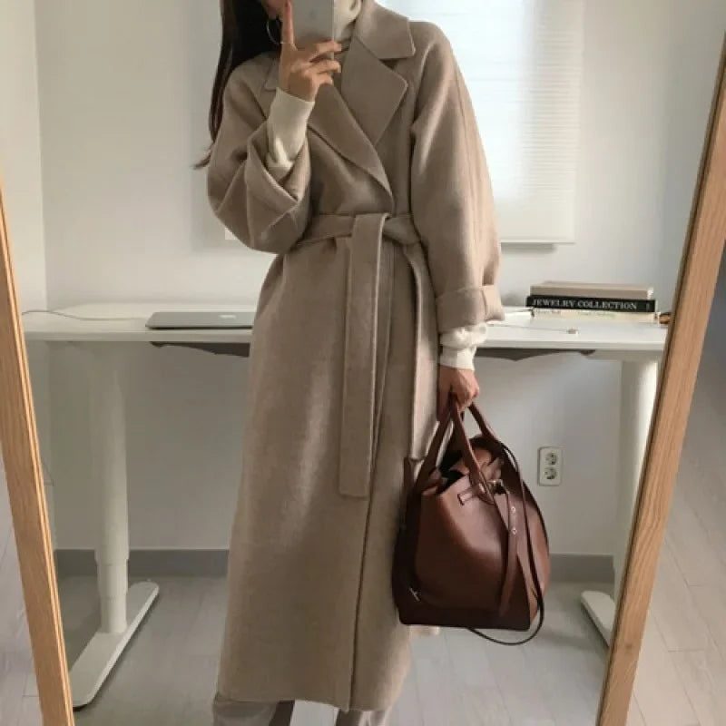 Long Wool-Look Coat with Belt and Notched Collar for Women in Beige
