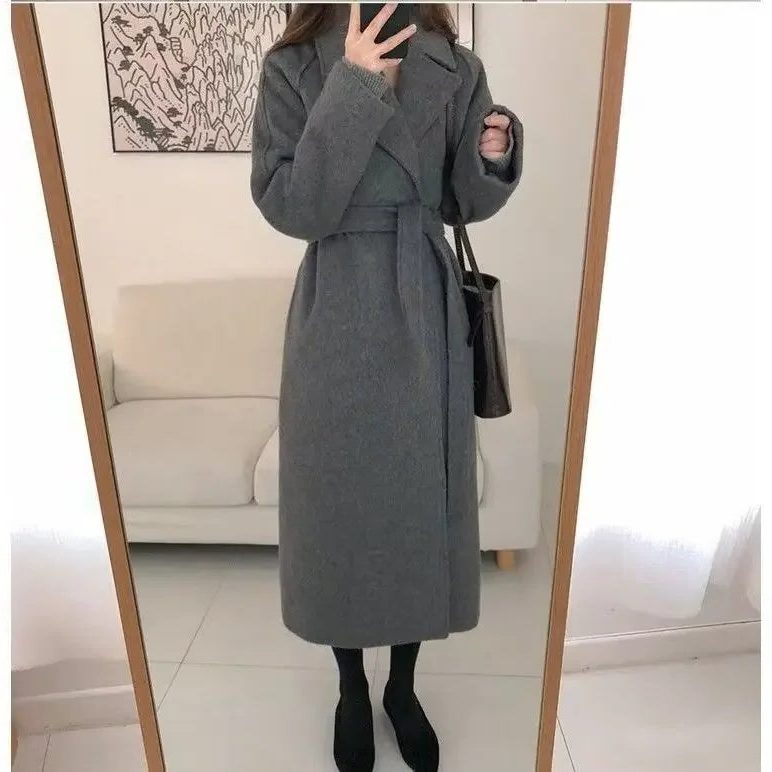Long Wool-Look Coat with Belt and Notched Collar for Women in Grey