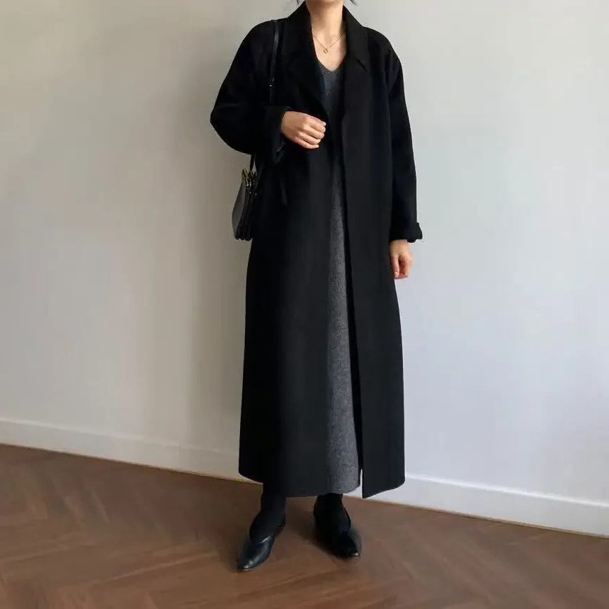 Long Wool-Look Coat with Belt and Notched Collar for Women in Black