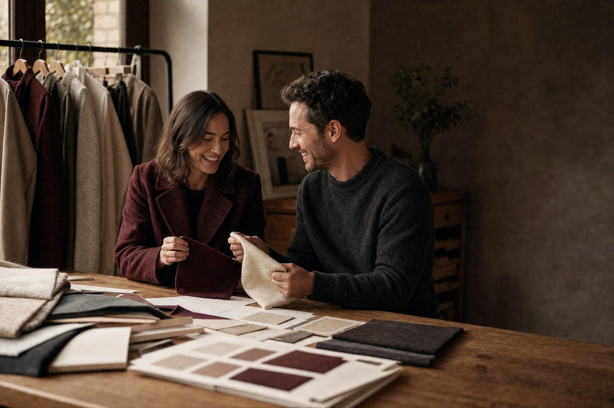 The two founders of Luinja comparing fabric swatches in their atelier