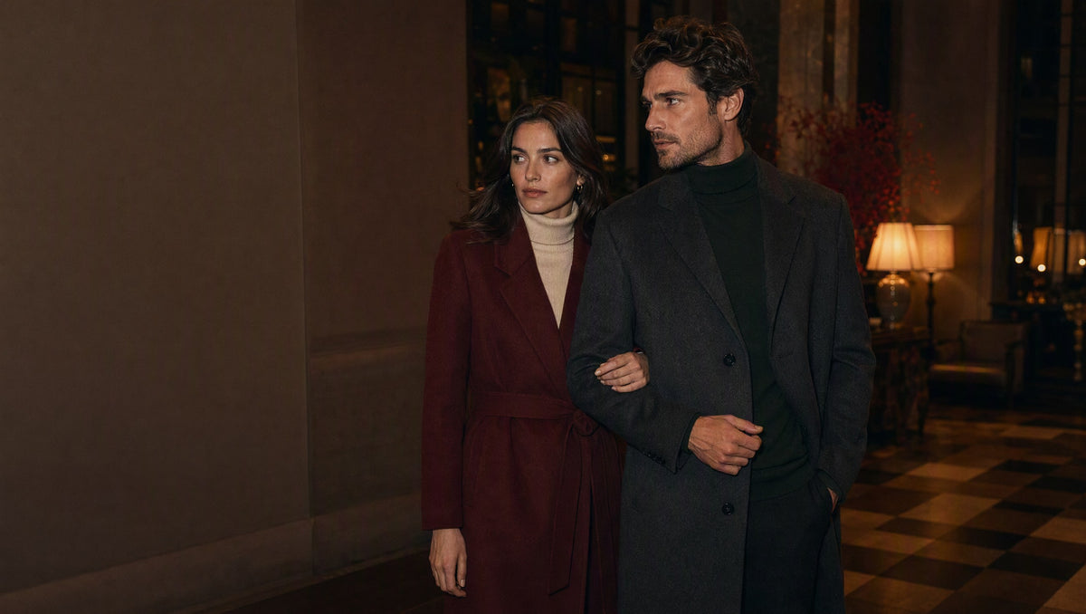 Luinja autumn campaign: a couple in burgundy and charcoal wool-look coats in a warm hotel lobby