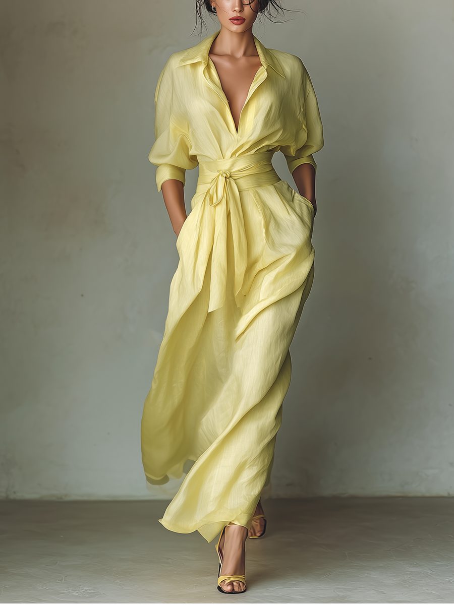Maxi Shirt Dress with Tie Waist and Half Sleeves for Women in Yellow