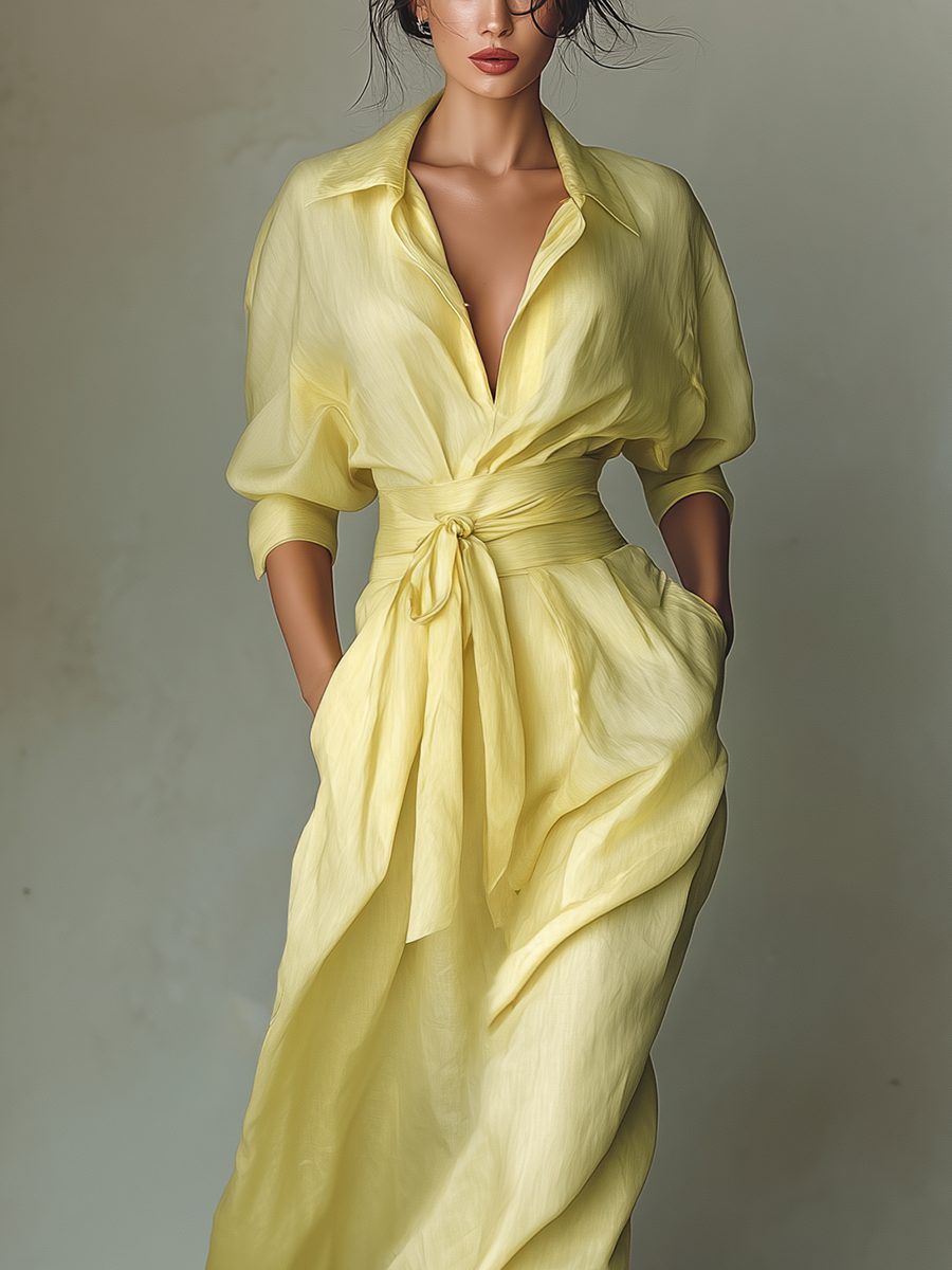Maxi Shirt Dress with Tie Waist and Half Sleeves for Women