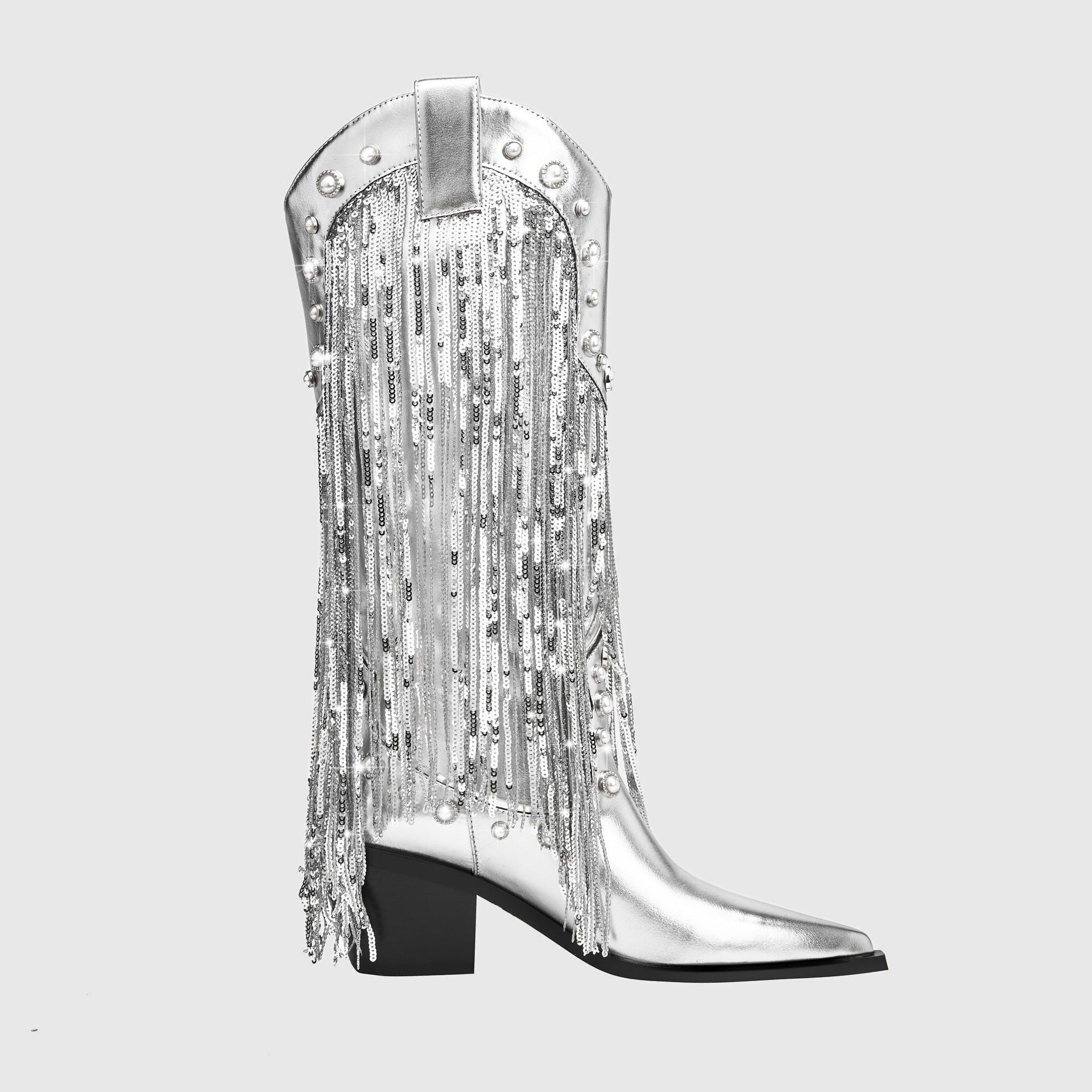 Mid-Calf Cowboy Boots with Fringe and Block Heel for Women