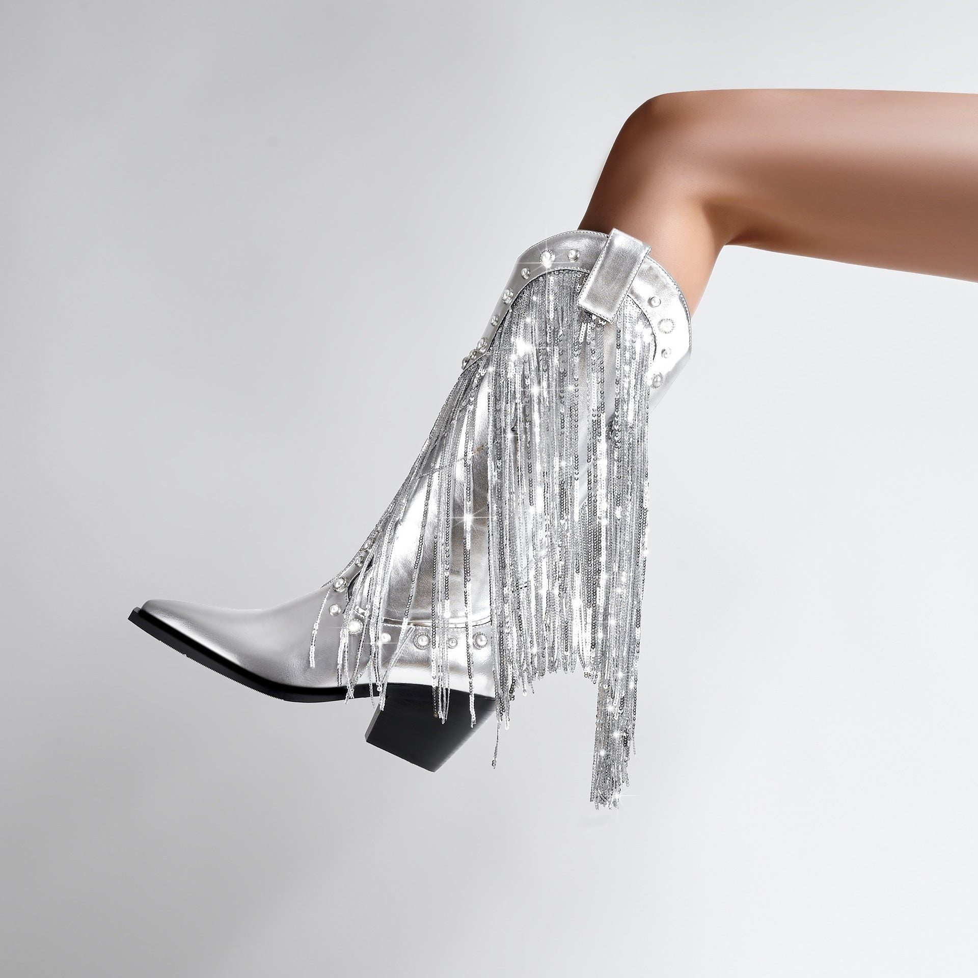 Mid-Calf Cowboy Boots with Fringe and Block Heel for Women