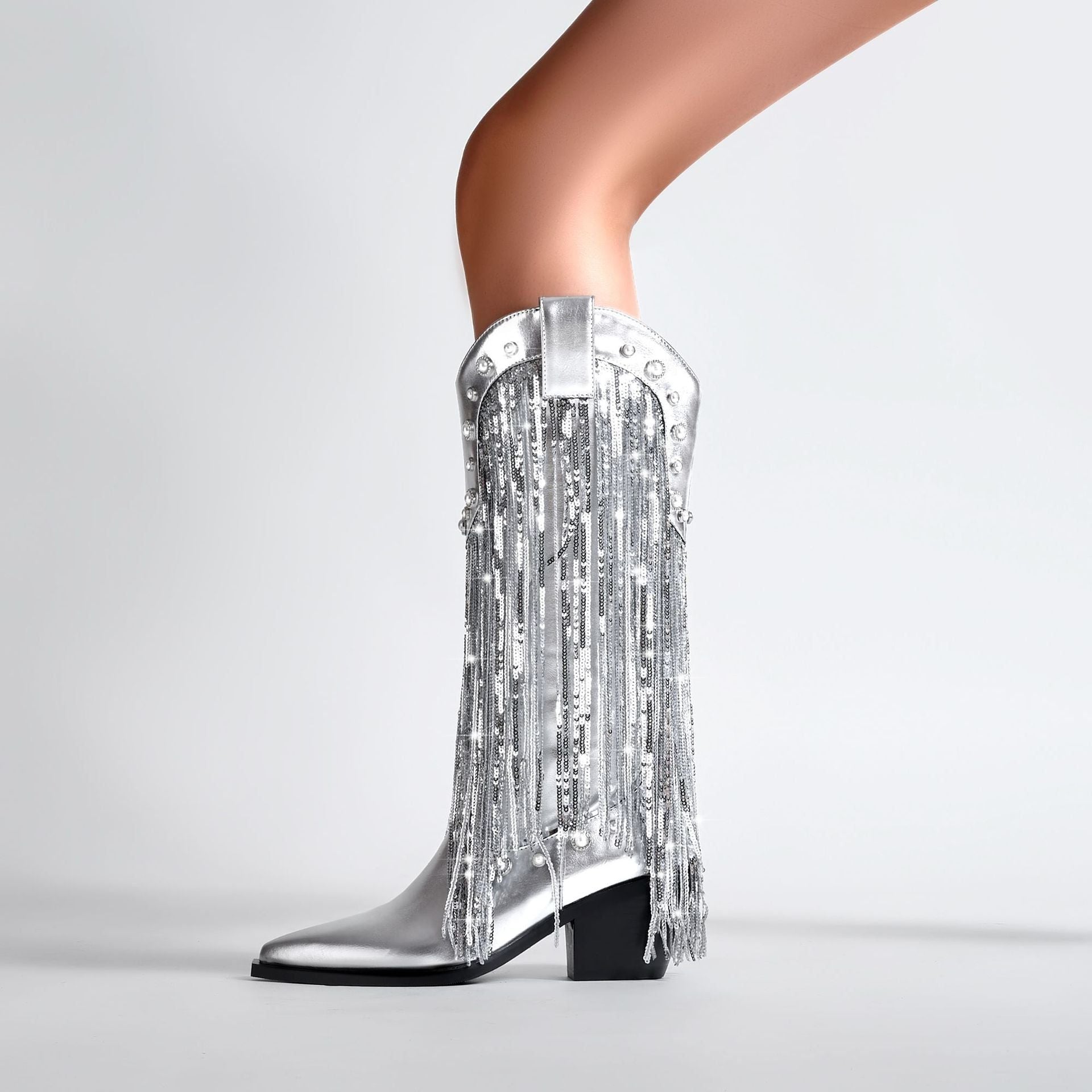 Mid-Calf Cowboy Boots with Fringe and Block Heel for Women