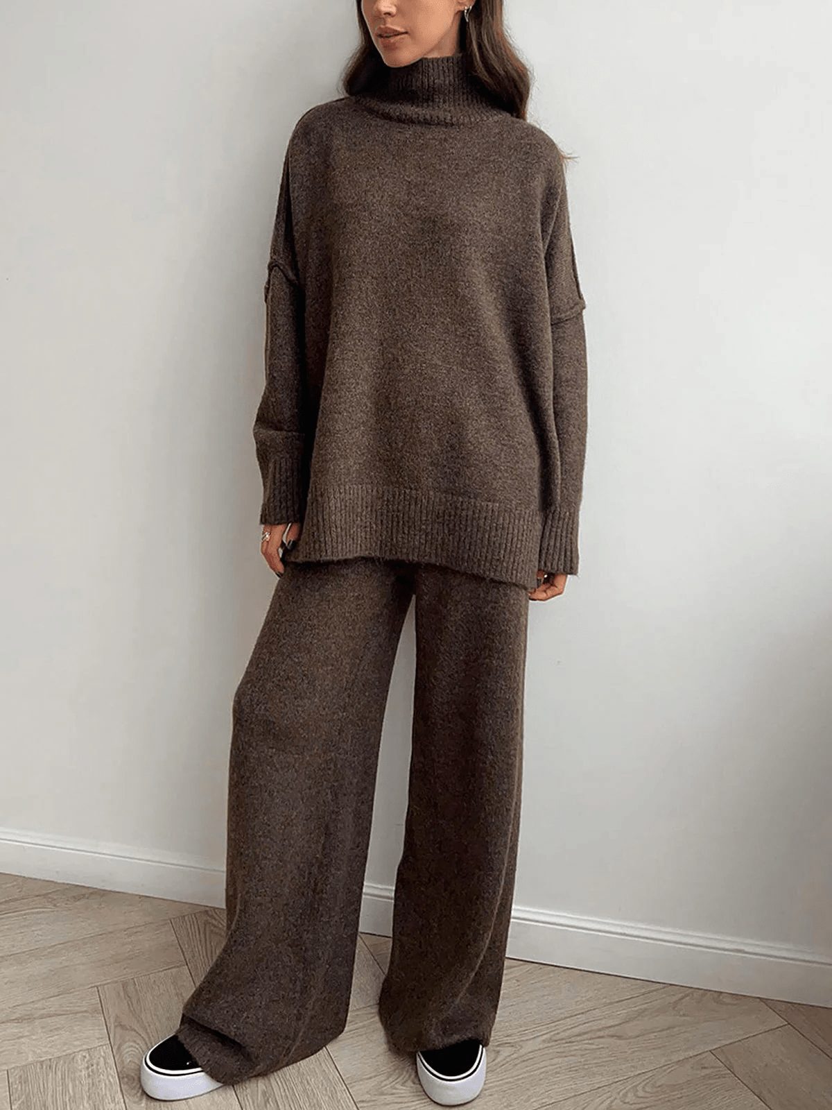 Oversized Knit Set with Roll Neck and Wide Leg Trousers for Women in Dark Brown