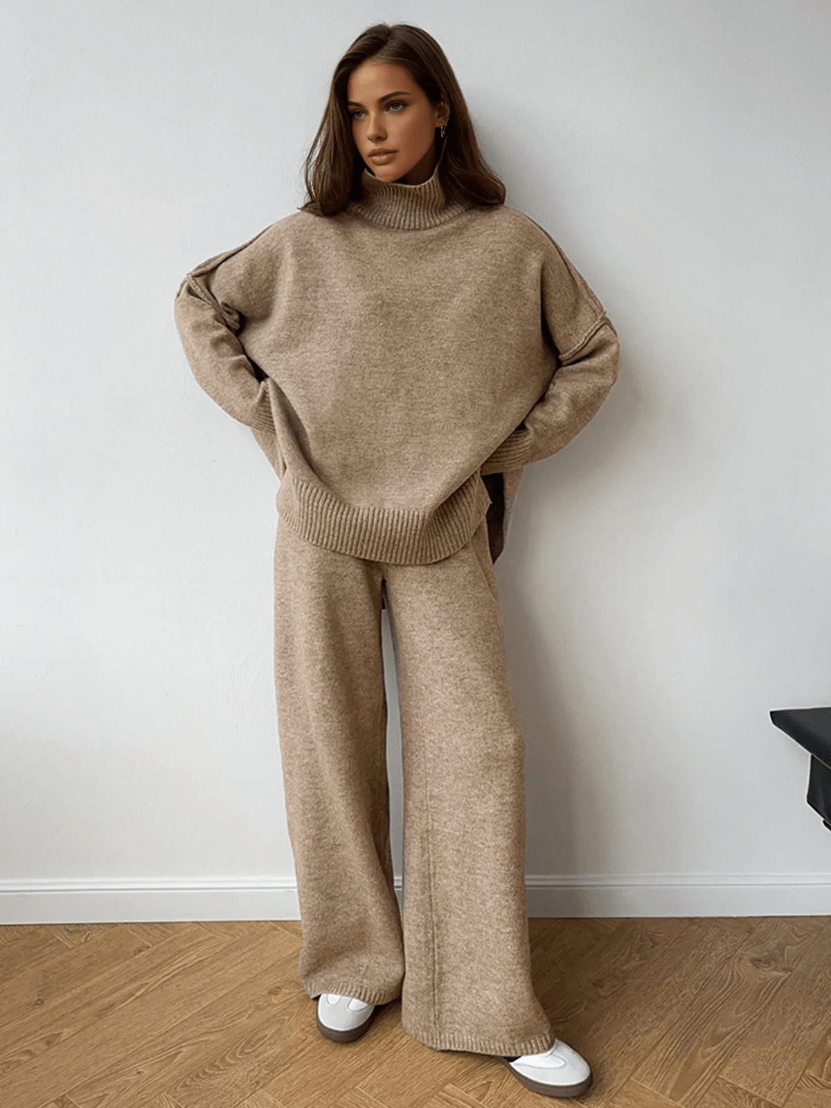 Oversized Knit Set with Roll Neck and Wide Leg Trousers for Women in Brown