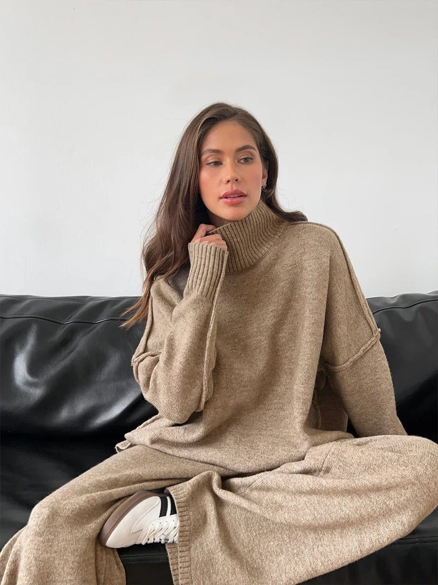 Oversized Knit Set with Roll Neck and Wide Leg Trousers for Women