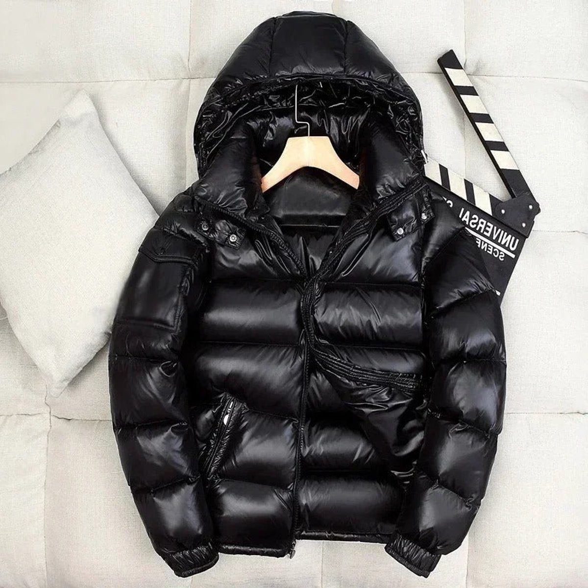 Quilted Hooded Down Puffer Jacket with Warm Padding for Men in Black