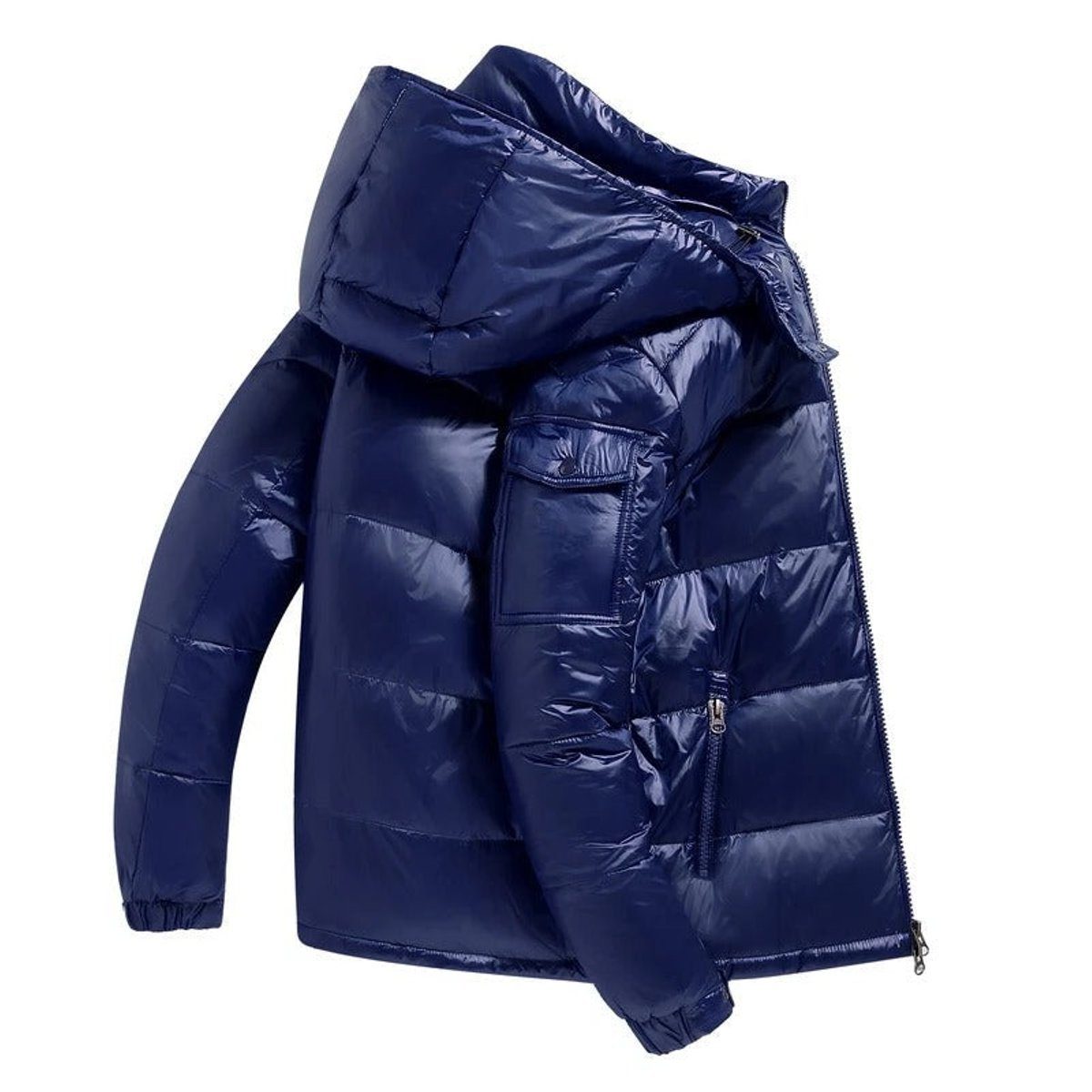 Quilted Hooded Down Puffer Jacket with Warm Padding for Men in Blue